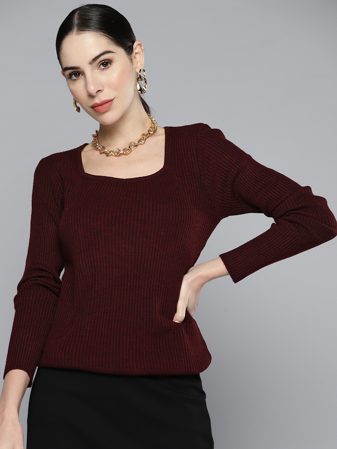 

Chemistry Women Maroon Square Neck Ribbed Sweater Pullover