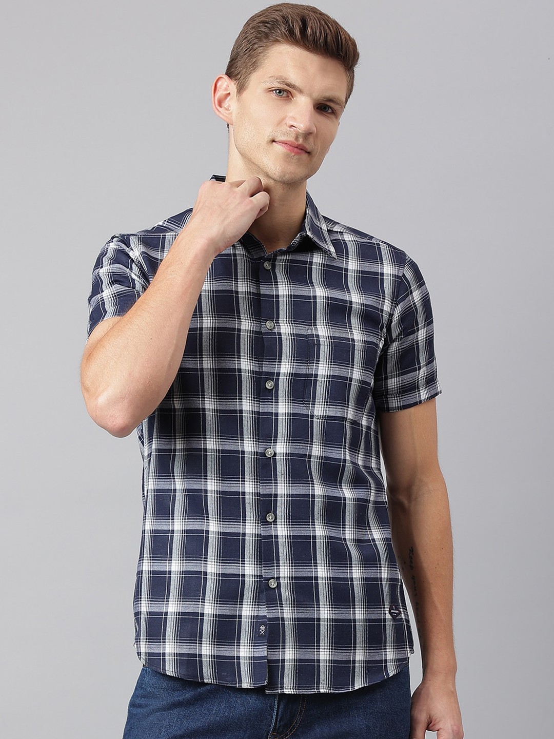 

Thomas Scott Men Navy Blue Smart Tartan Checks Checked Casual Shirt