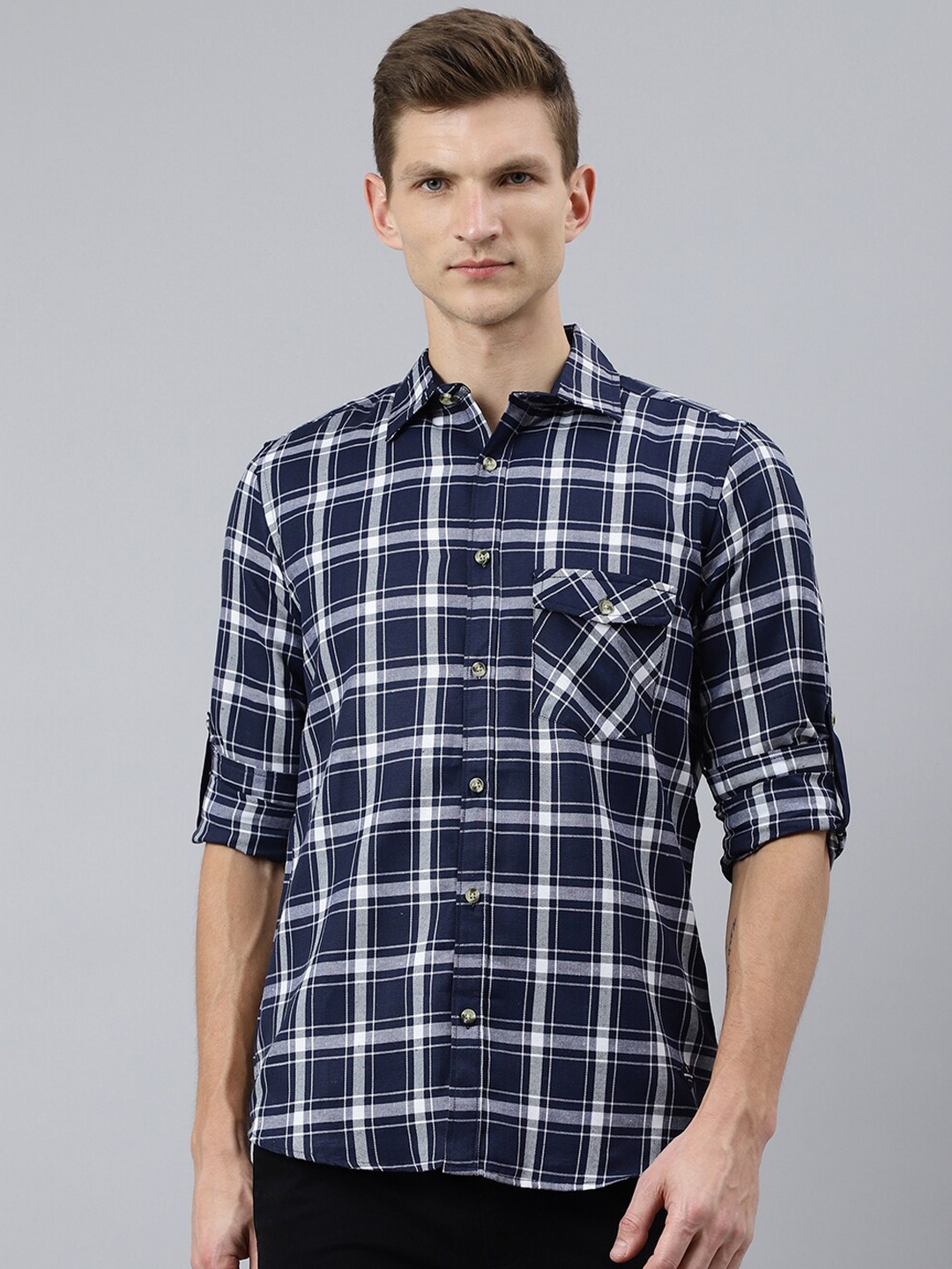 

Thomas Scott Men Navy Blue Smart Tartan Checks Checked Casual Shirt