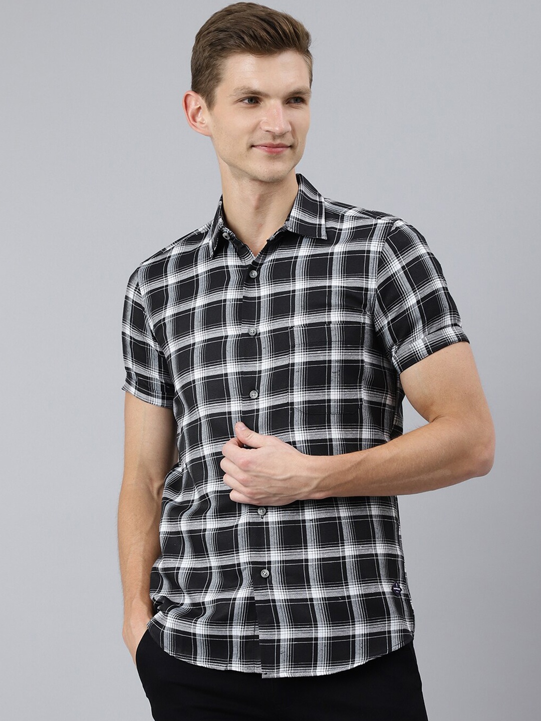 

Thomas Scott Men Black Smart Tartan Checks Checked Casual Shirt