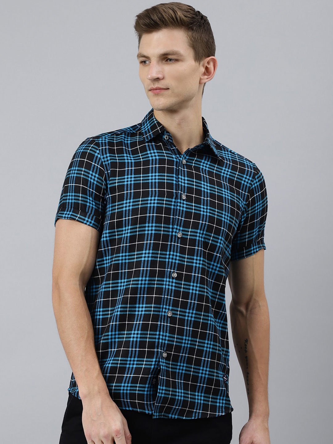 

Thomas Scott Men Turquoise Blue Smart Tartan Checks Checked Casual Shirt