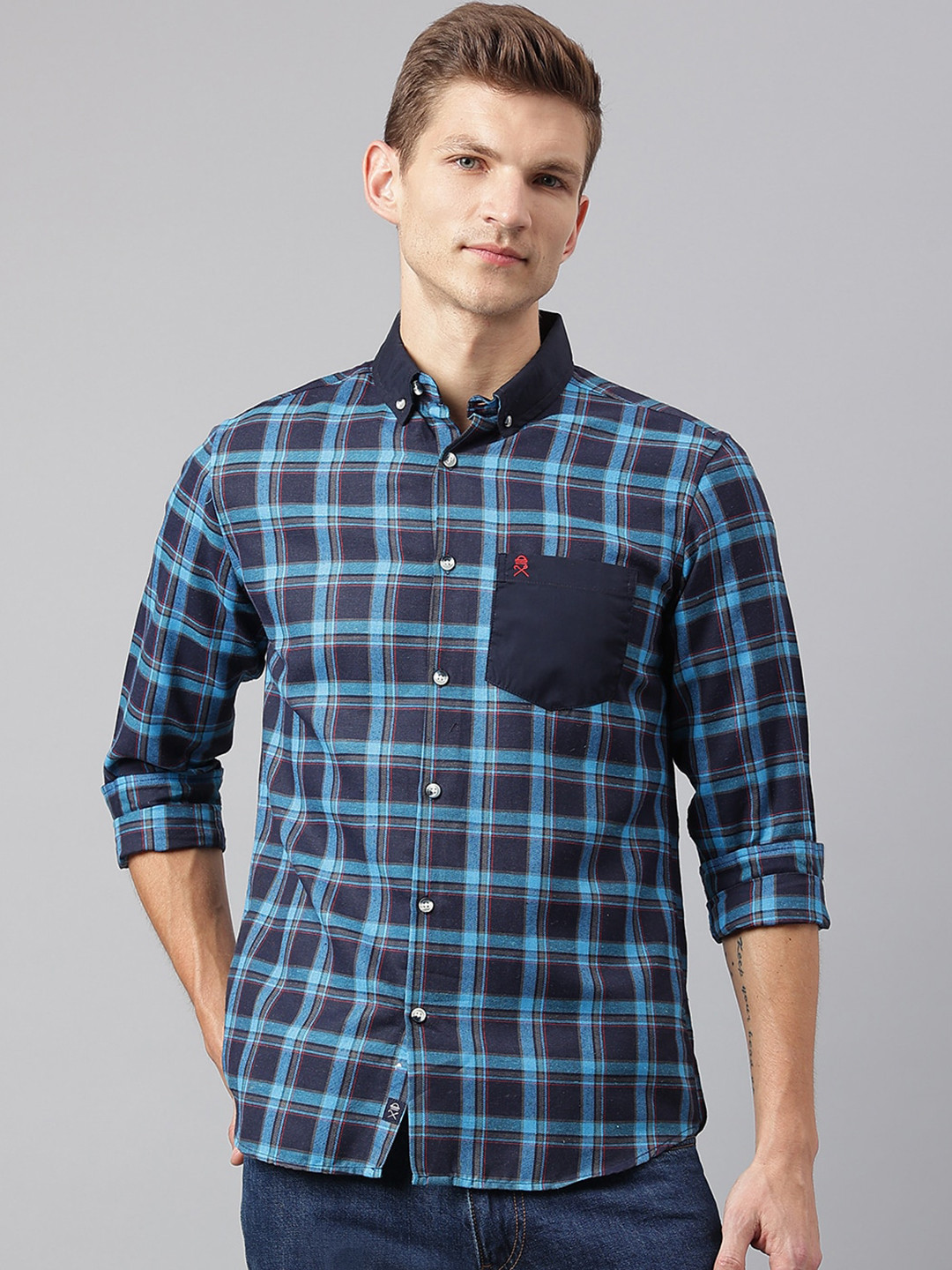 

Thomas Scott Men Turquoise Blue Smart Tartan Checks Checked Casual Shirt