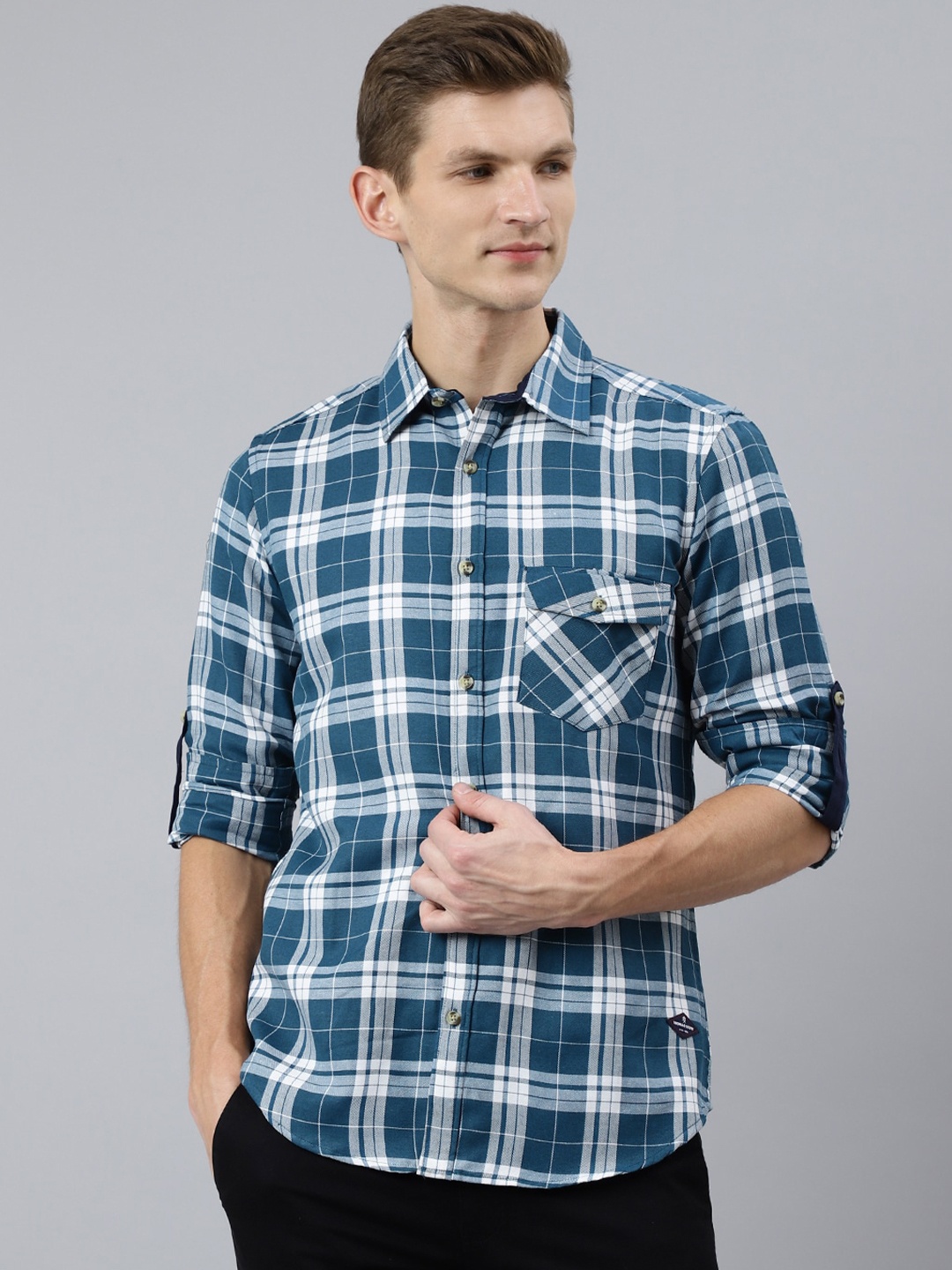 

Thomas Scott Men Green Smart Tartan Checks Checked Casual Shirt