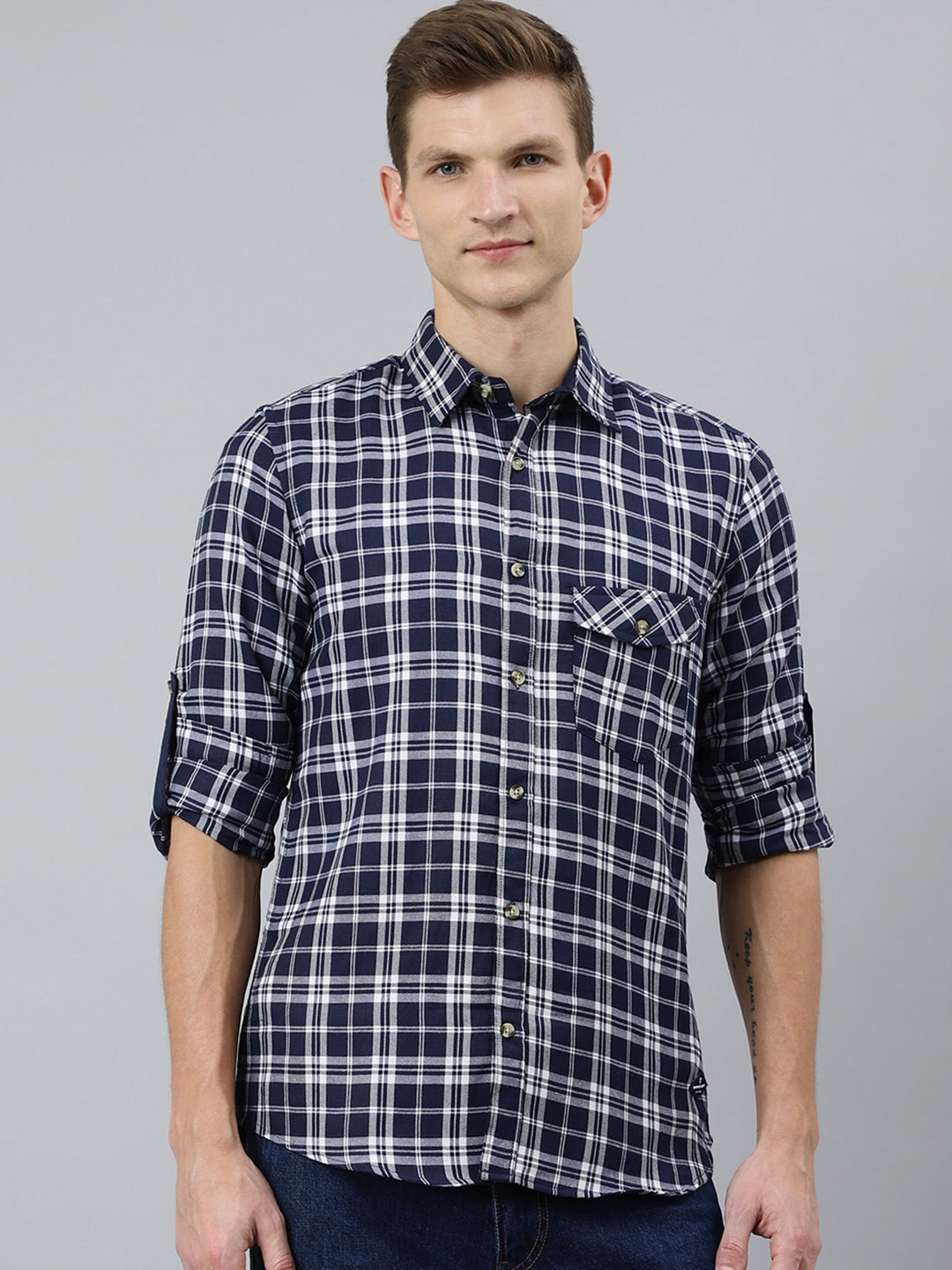 

Thomas Scott Men Navy Blue Smart Tartan Checks Checked Casual Shirt