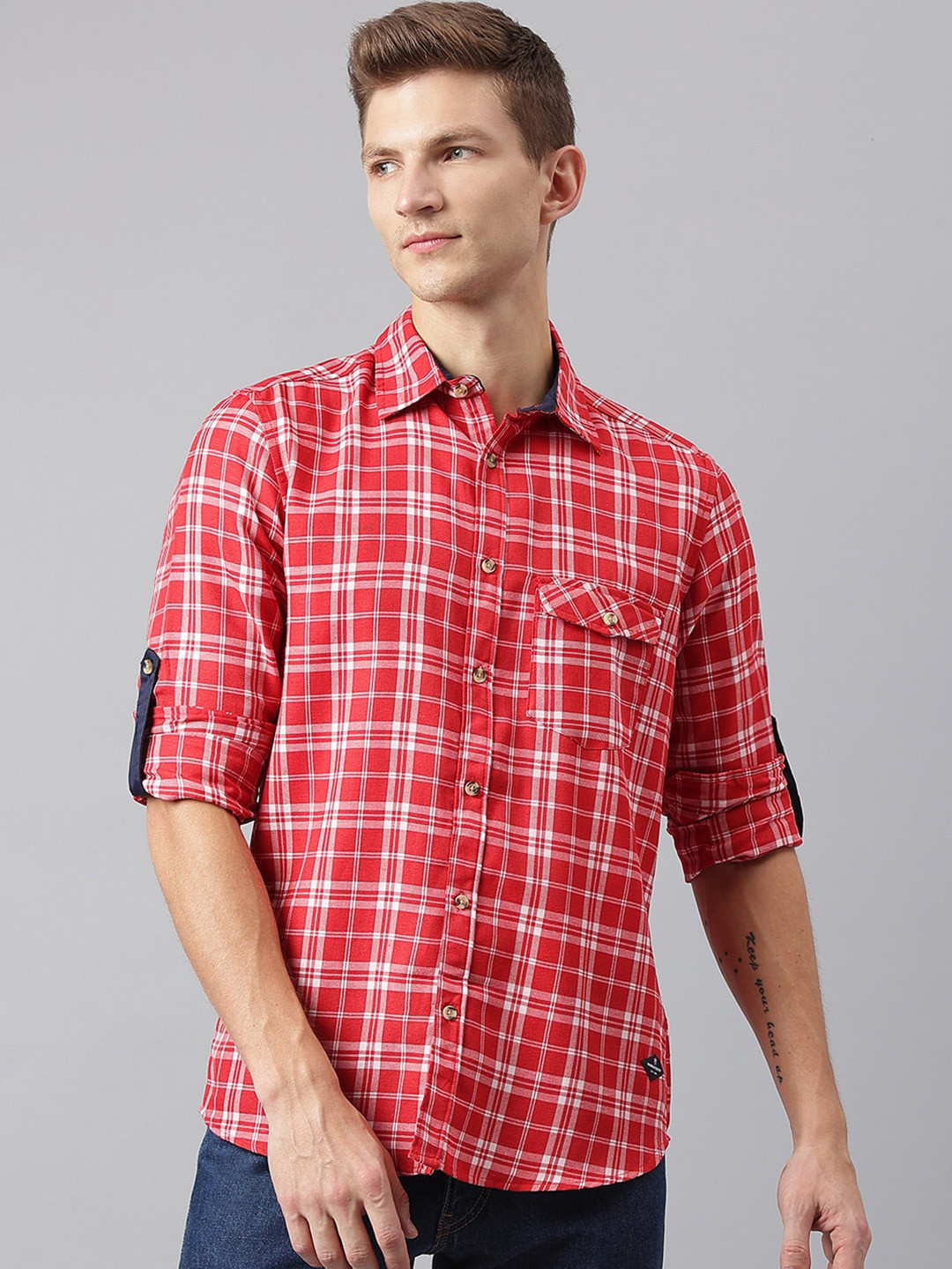 

Thomas Scott Men Red Smart Tartan Checks Checked Casual Shirt
