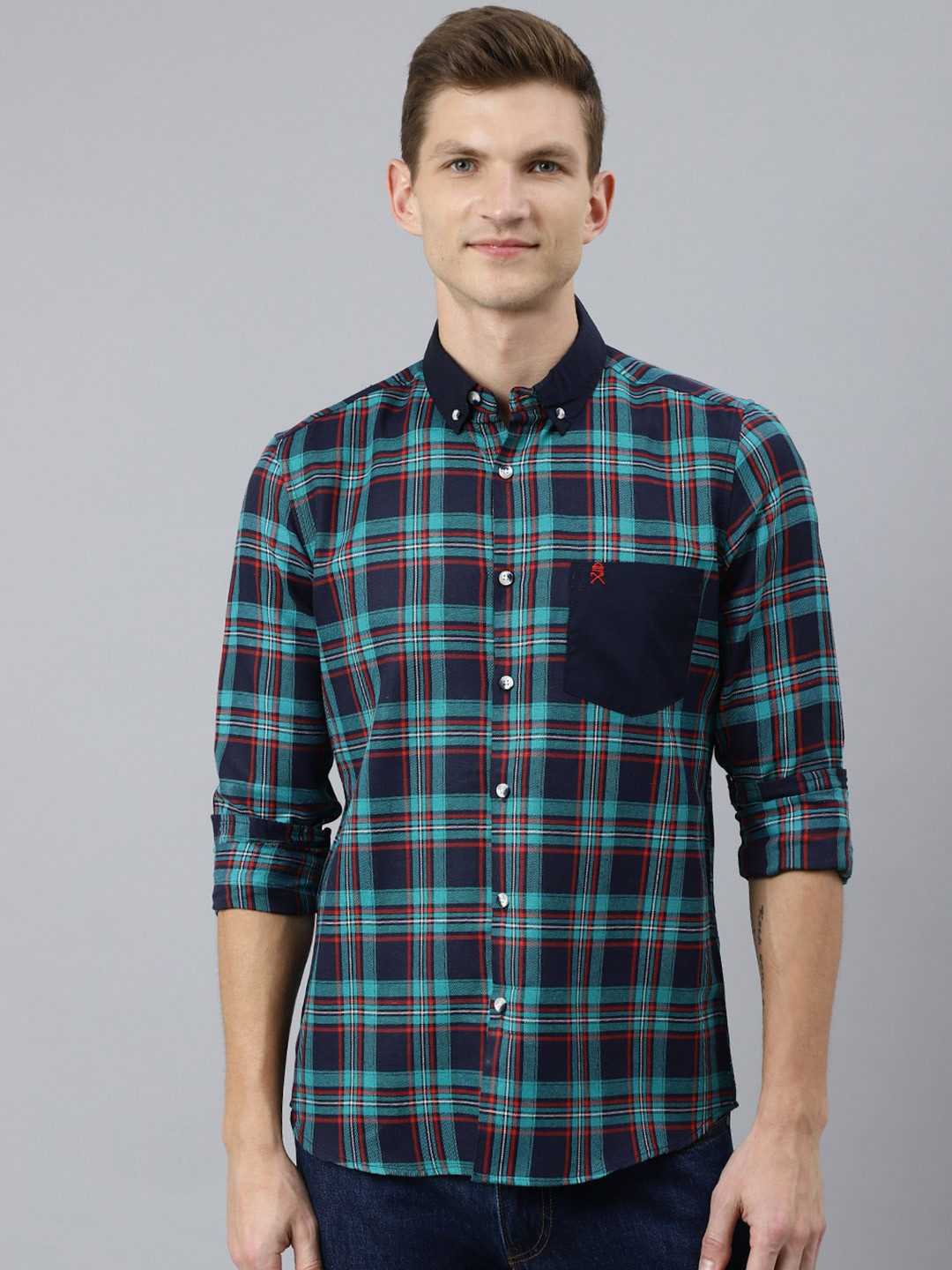 

Thomas Scott Men Green Smart Tartan Checks Checked Casual Shirt