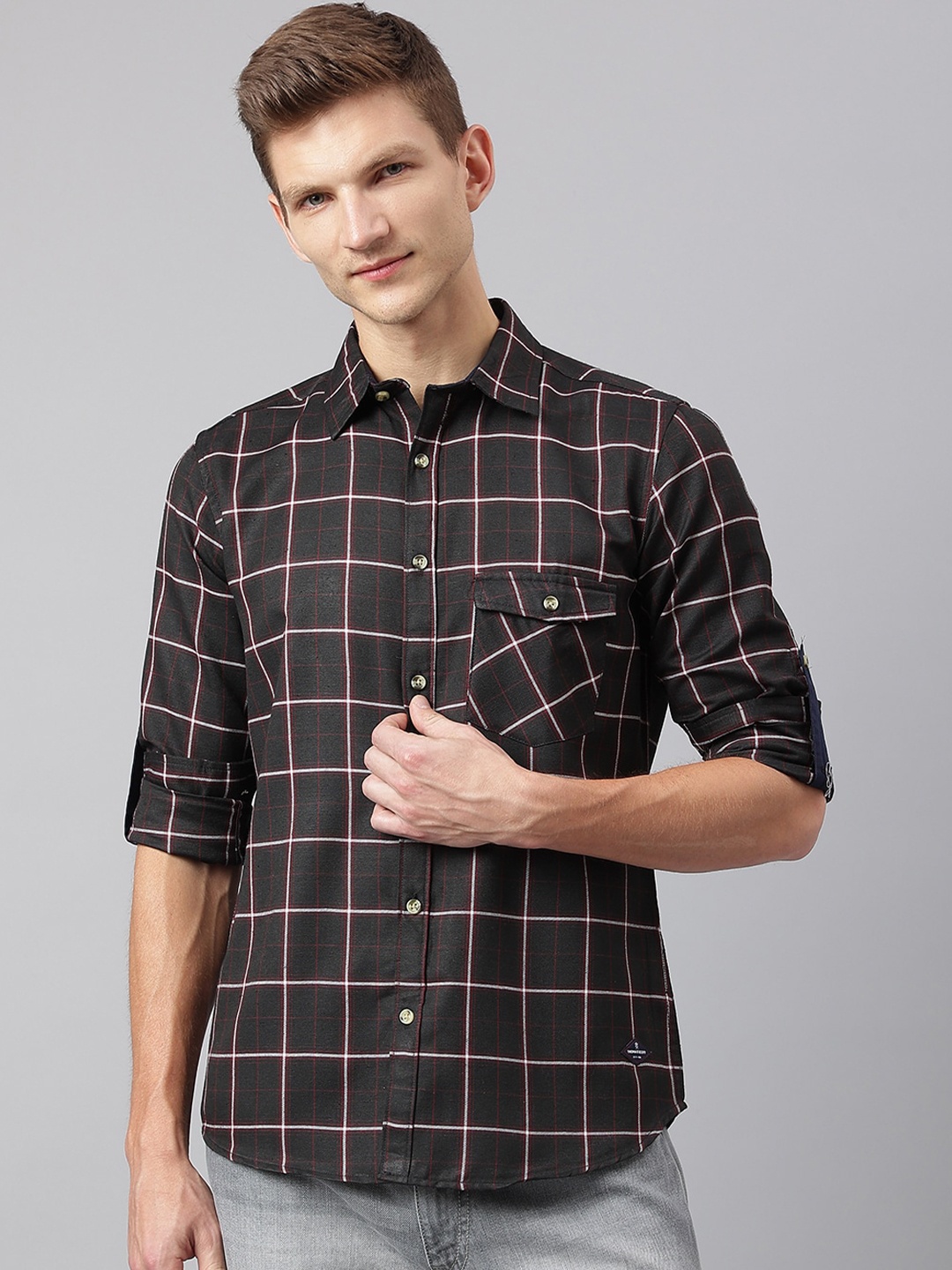 

Thomas Scott Men Brown Smart Windowpane Checks Checked Casual Shirt