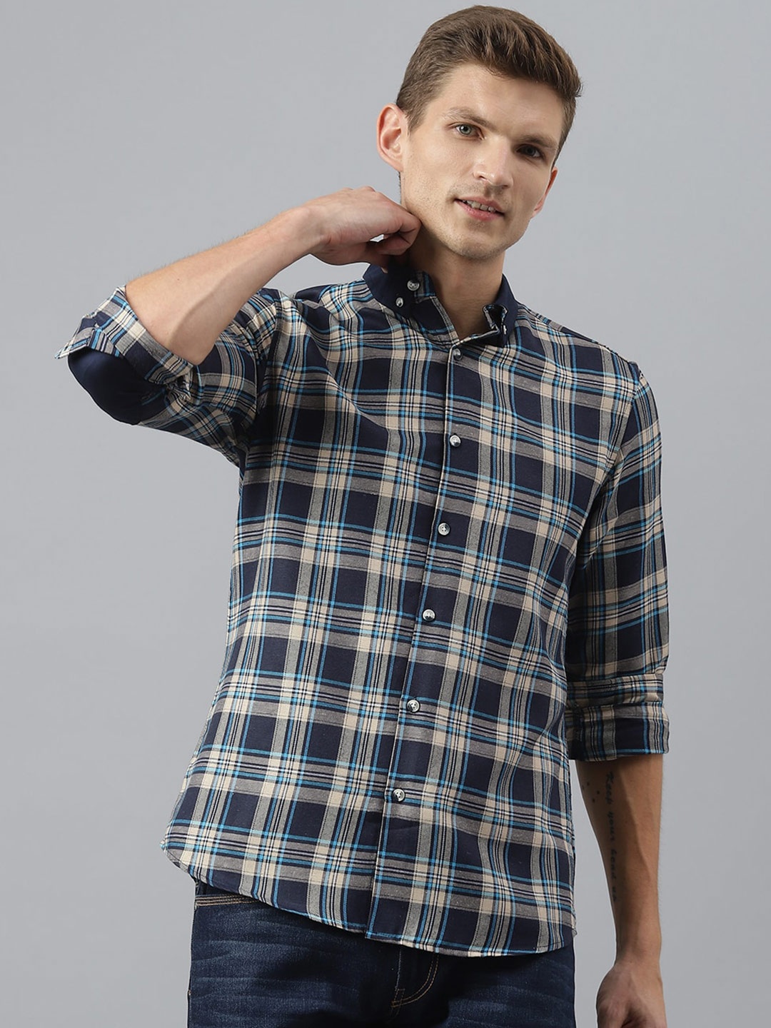 

Thomas Scott Men Blue Smart Tartan Checks Checked Casual Shirt