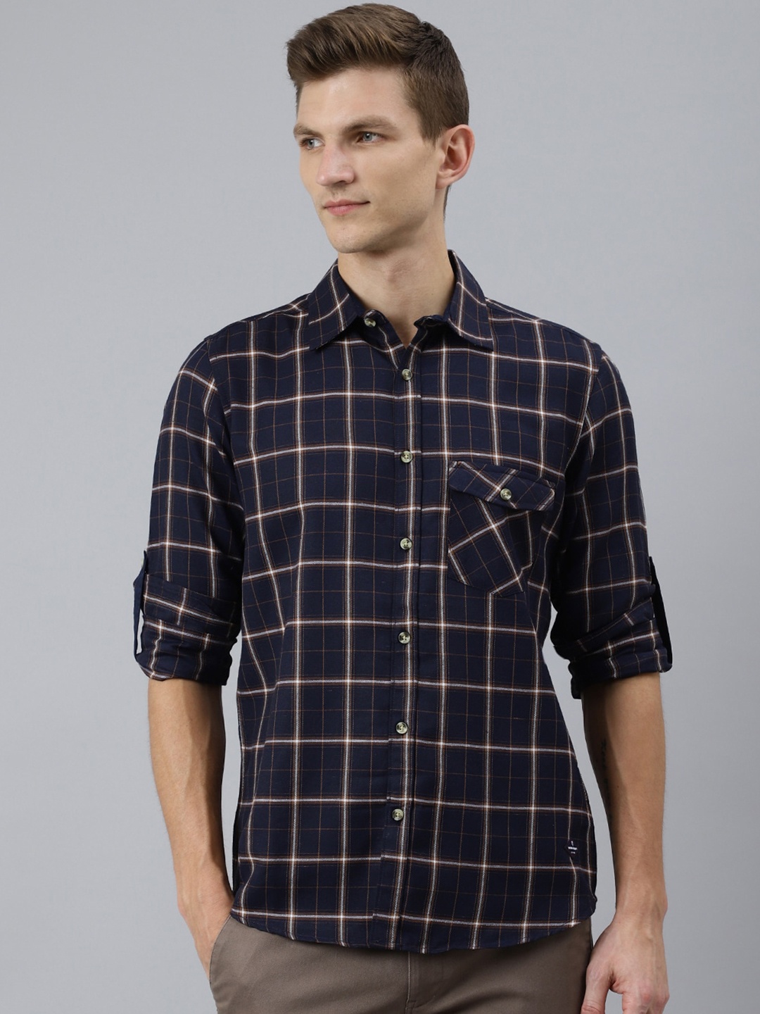 

Thomas Scott Men Navy Blue Smart Tartan Checks Checked Casual Shirt