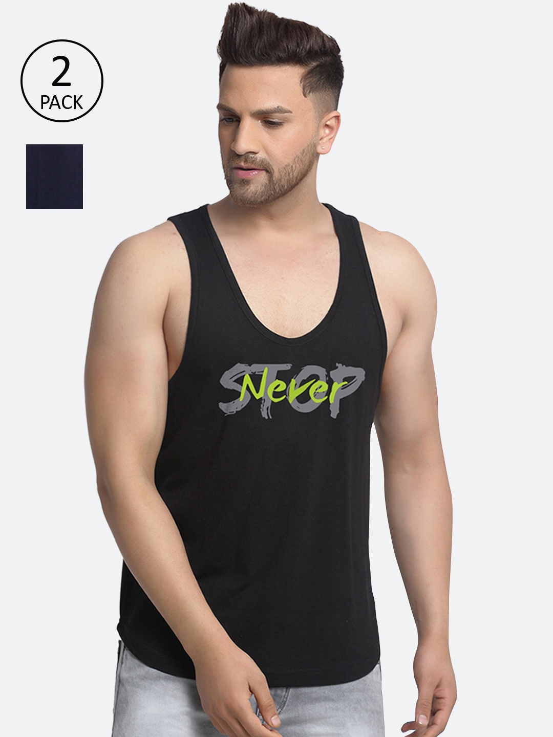 

Friskers Men Pack Of 2 Printed Pure Cotton Gym Vests, Black