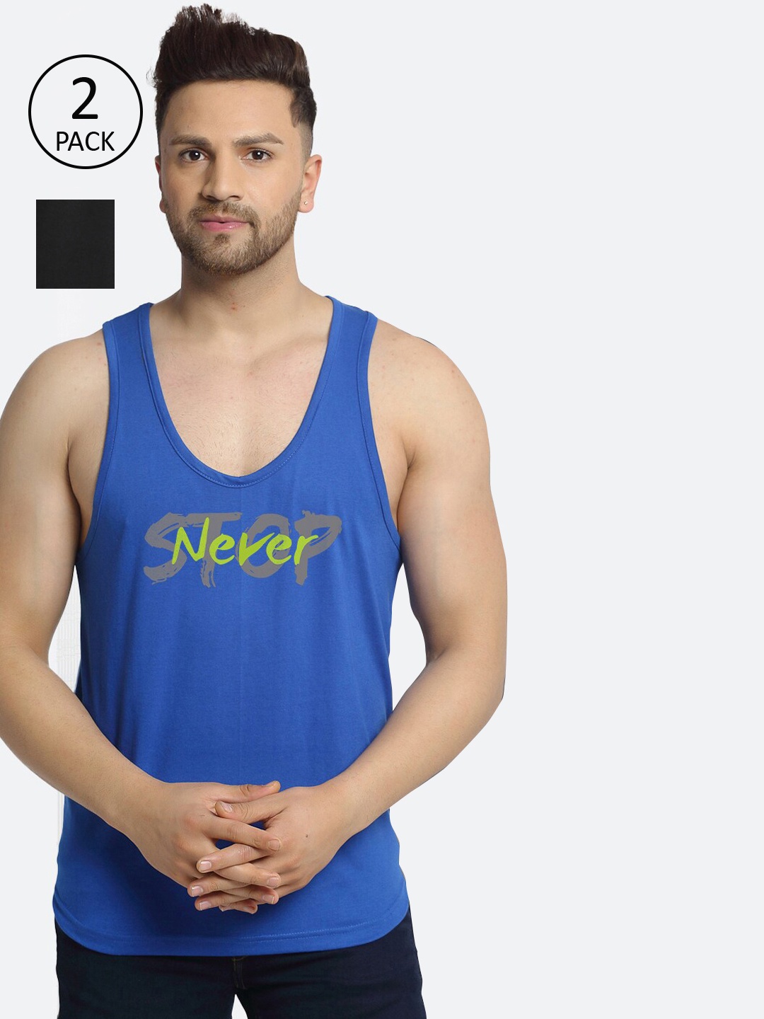 

Friskers Men Pack Of 2 Blue & Black Printed Cotton Innerwear Gym Vests