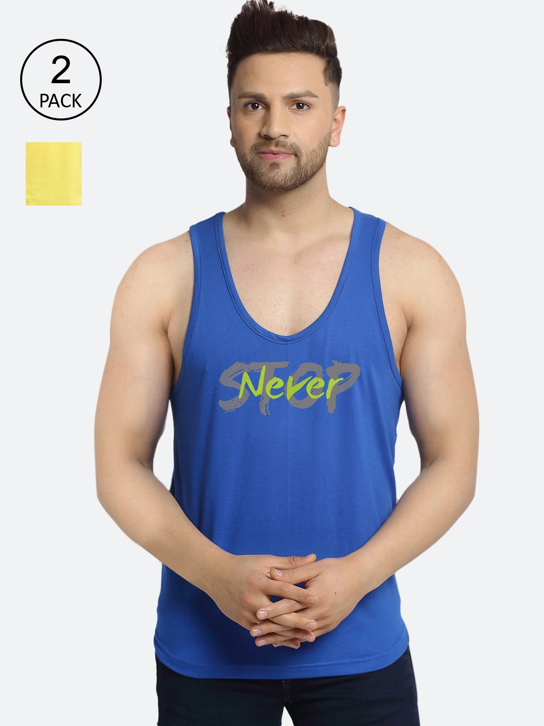 

Friskers Men Pack of 2 Blue & Yellow never Gym Printed Cotton Gym Vest C235-05-C171-06-S