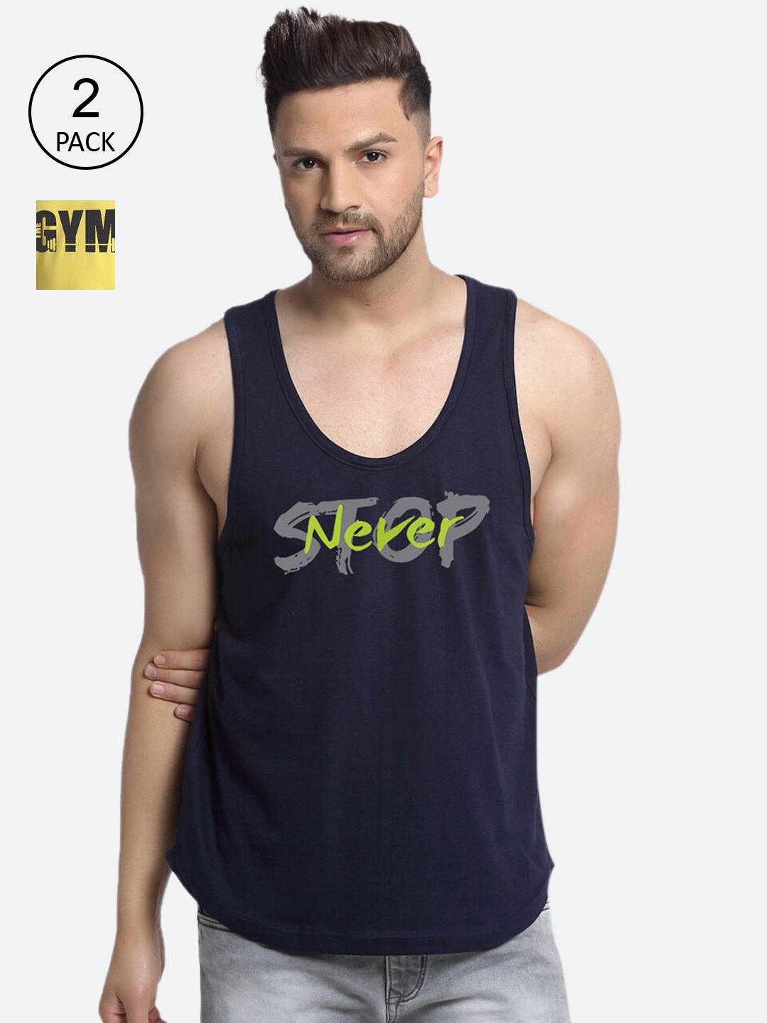 

Friskers Men Pack of 2 Printed Sleeveless Gym Vests, Navy blue
