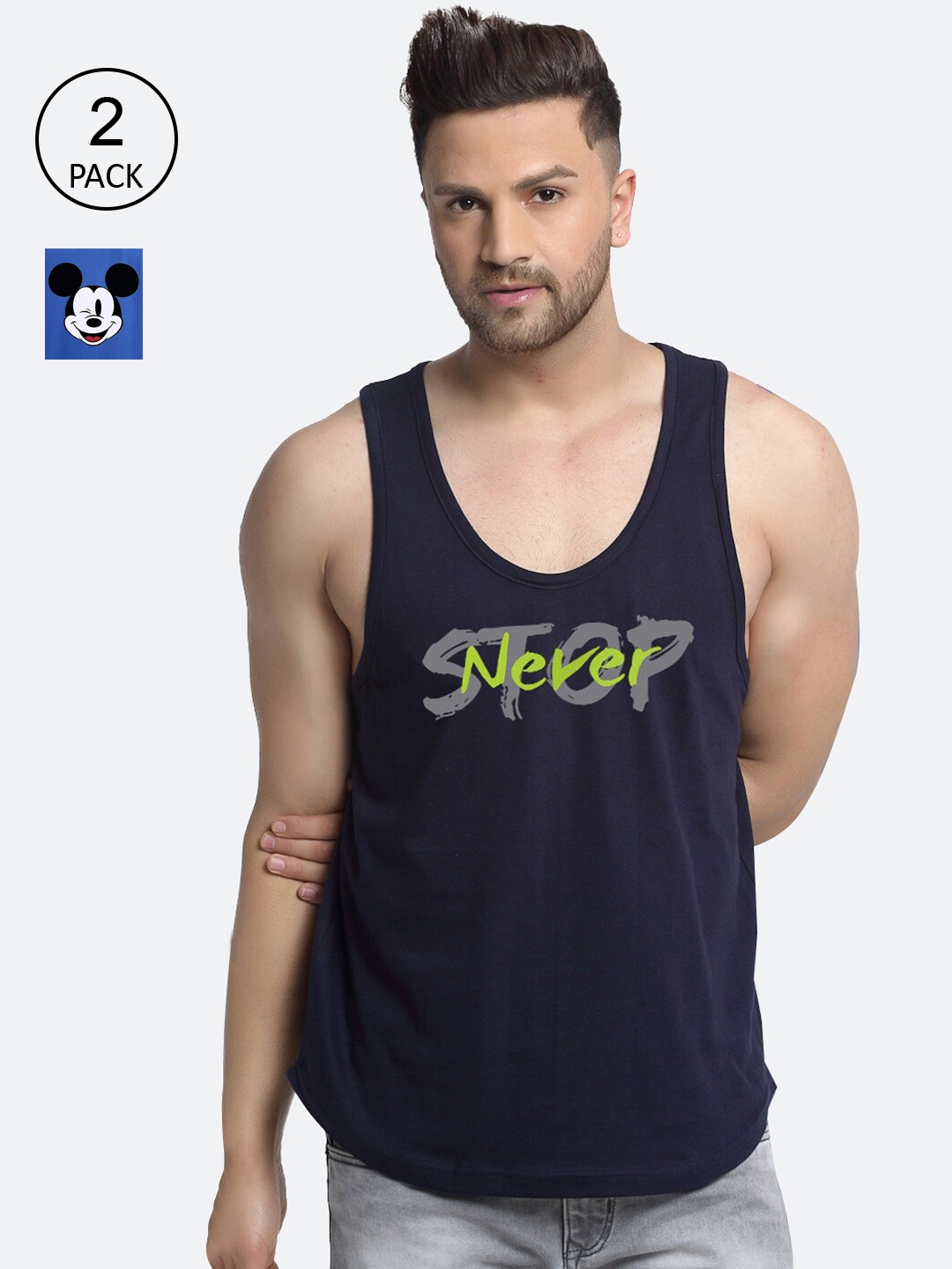 

Friskers Men Pack Of 2 Printed Pure Cotton Gym Vests, Navy blue