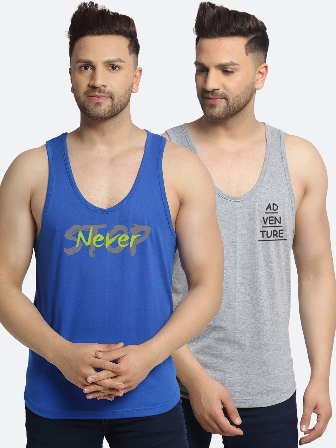 

Friskers Men Pack of 2 Blue & Grey Printed Innerwear Gym Vests