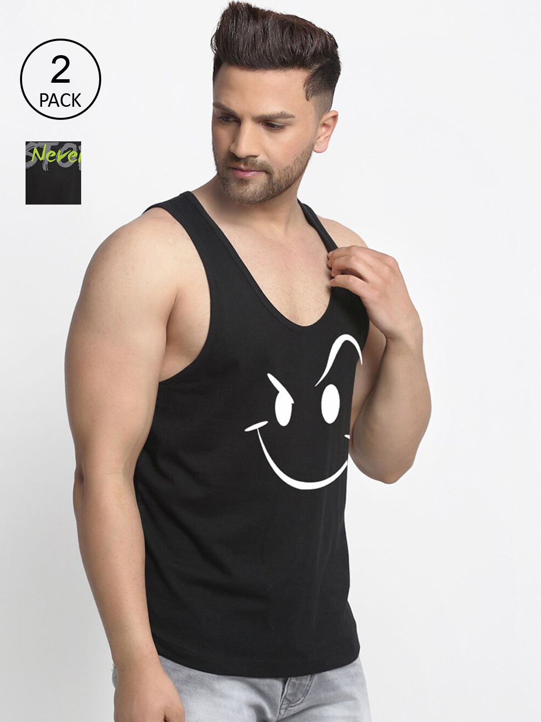 

Friskers Men Pack Of 2 Black Printed Cotton Innerwear Gym Vests