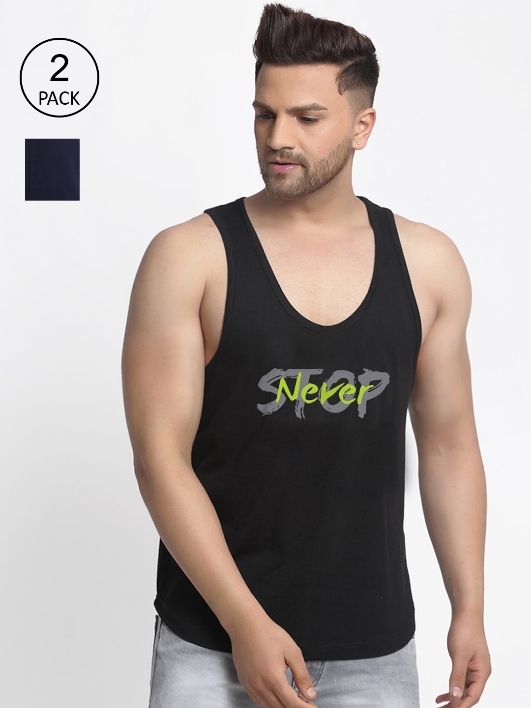 

Friskers Men Pack Of 2 Printed Cotton Gym Innerwear Vests, Black