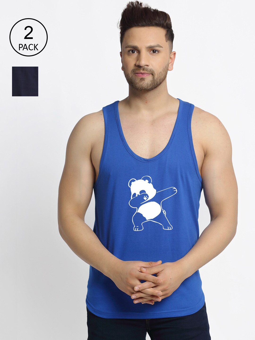 

Friskers Men Pack of 2 Navy Blue & Blue Printed Innerwear Gym Vests