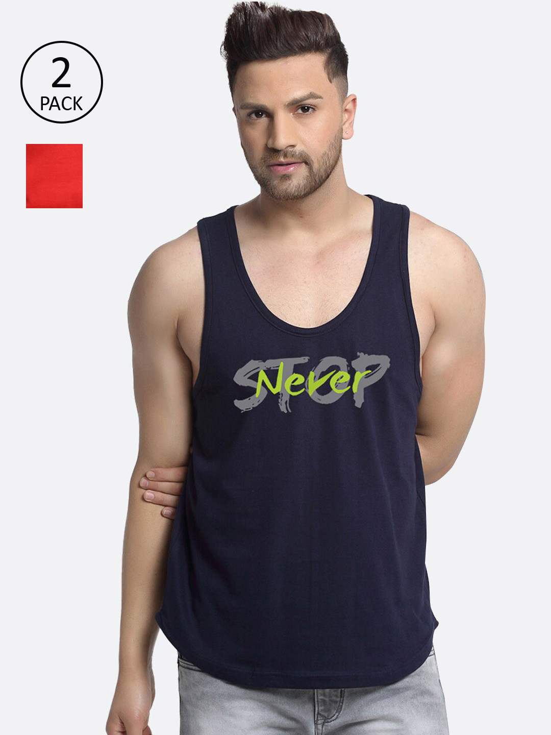 

Friskers Men Pack Of 2 Printed Sleeveless Innerwear Vests, Navy blue