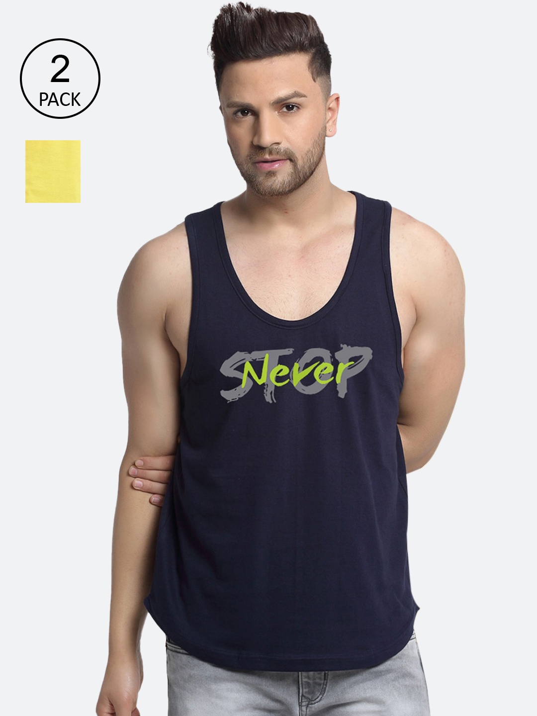 

Friskers Men Pack Of 2 Printed Pure Cotton Gym Vests, Navy blue