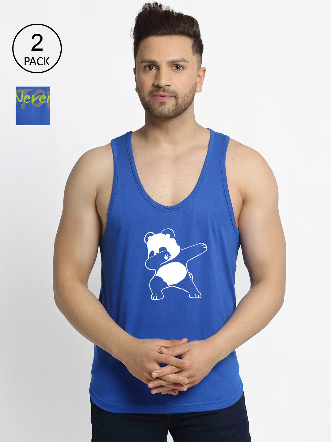 

Friskers Men Pack Of 2 Printed Cotton Gym Innerwear Vests, Blue