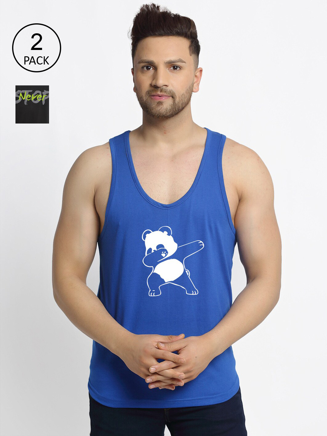 

Friskers Men Pack Of 2 Printed Cotton Gym Innerwear Vests, Black