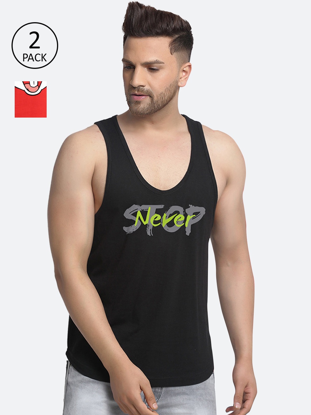 

Friskers Men Pack Of 2 Printed Pure Cotton Gym Vests, Black
