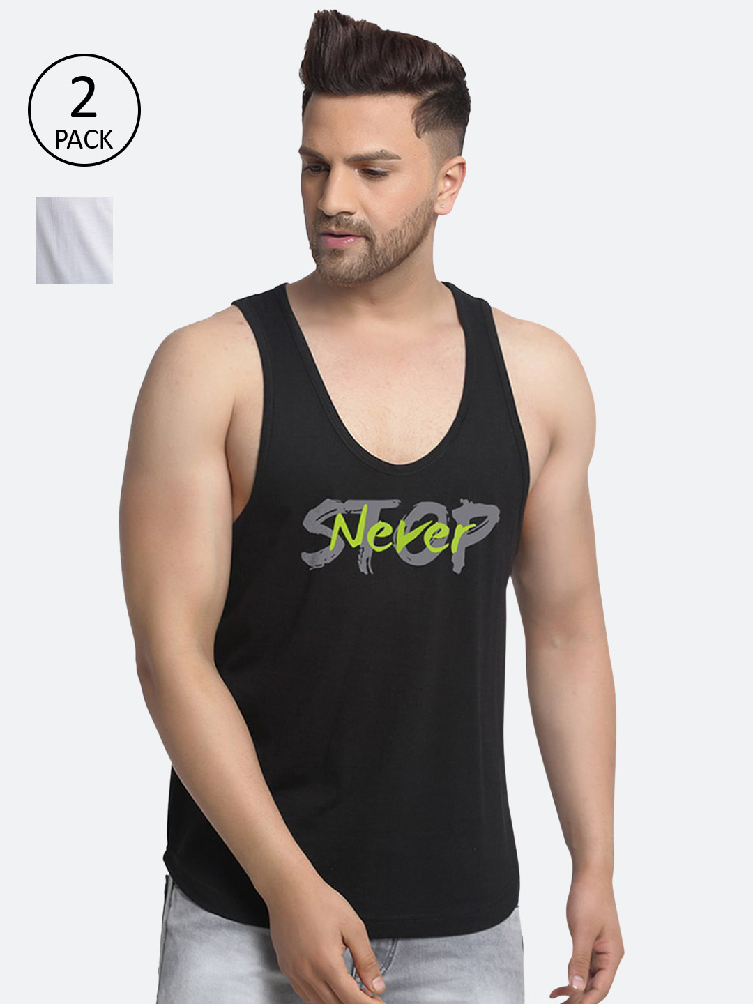 

Friskers Men Pack Of 2 Printed Cotton Gym Innerwear Vests, Black
