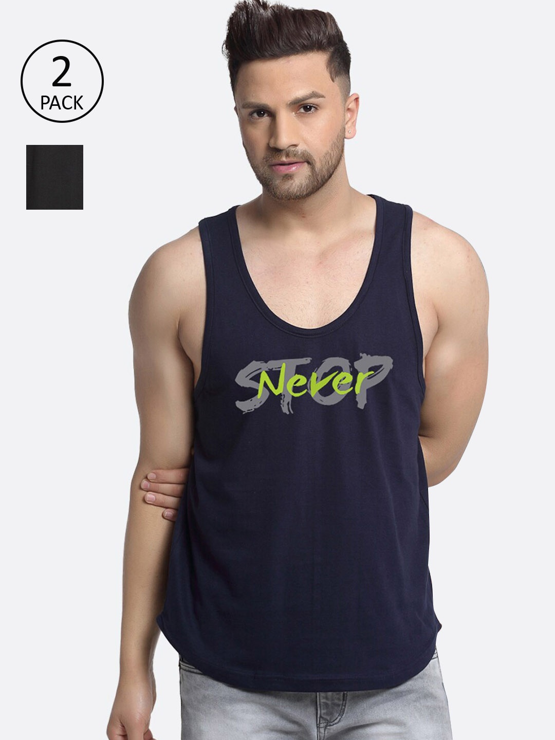 

Friskers Men Pack Of 2 Printed Cotton Gym Innerwear Vests, Navy blue