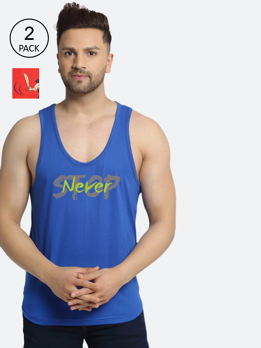 

Friskers Men Pack Of 2 Blue & Red Stop never Cricket design Printed Cotton Innerwear Vests