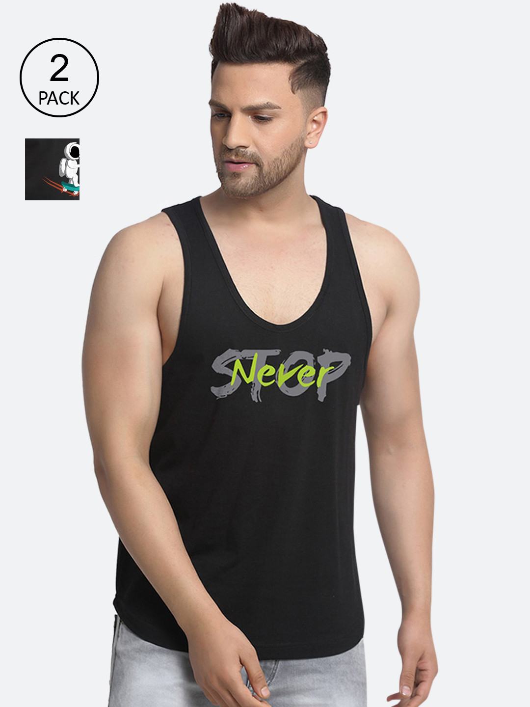 

Friskers Men Pack Of 2 Printed Pure Cotton Gym Vests, Black