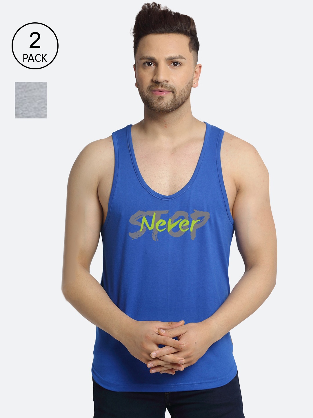 

Friskers Men Pack of 2 Blue & Grey Printed Pure Cotton Innerwear Vest