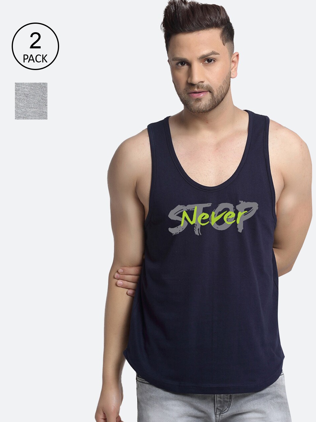 

Friskers Men Pack Of 2 Printed Pure Cotton Innerwear Gym Vests, Navy blue