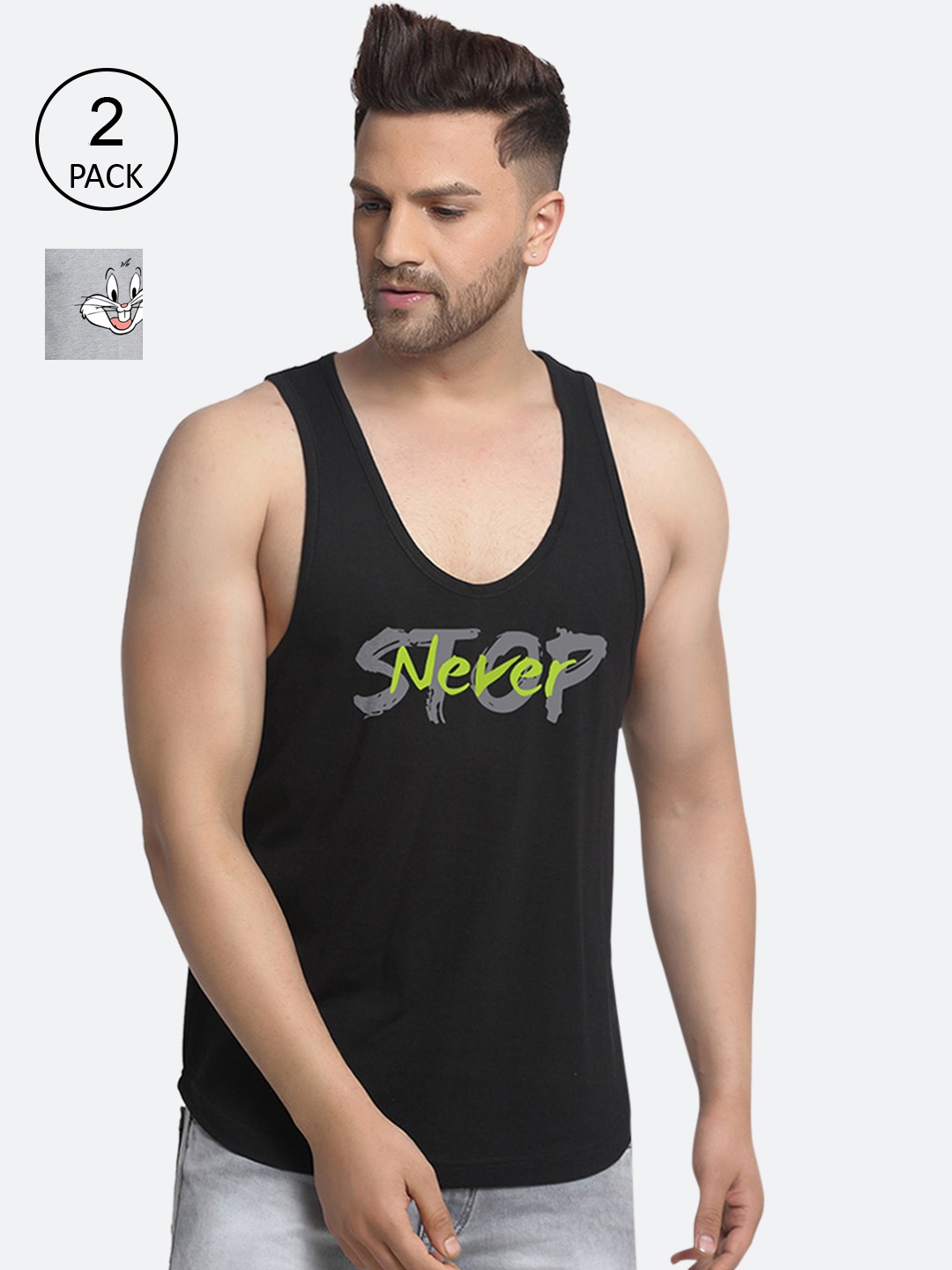 

Friskers Men Pack Of 2 Printed Pure Cotton Gym Vests, Black