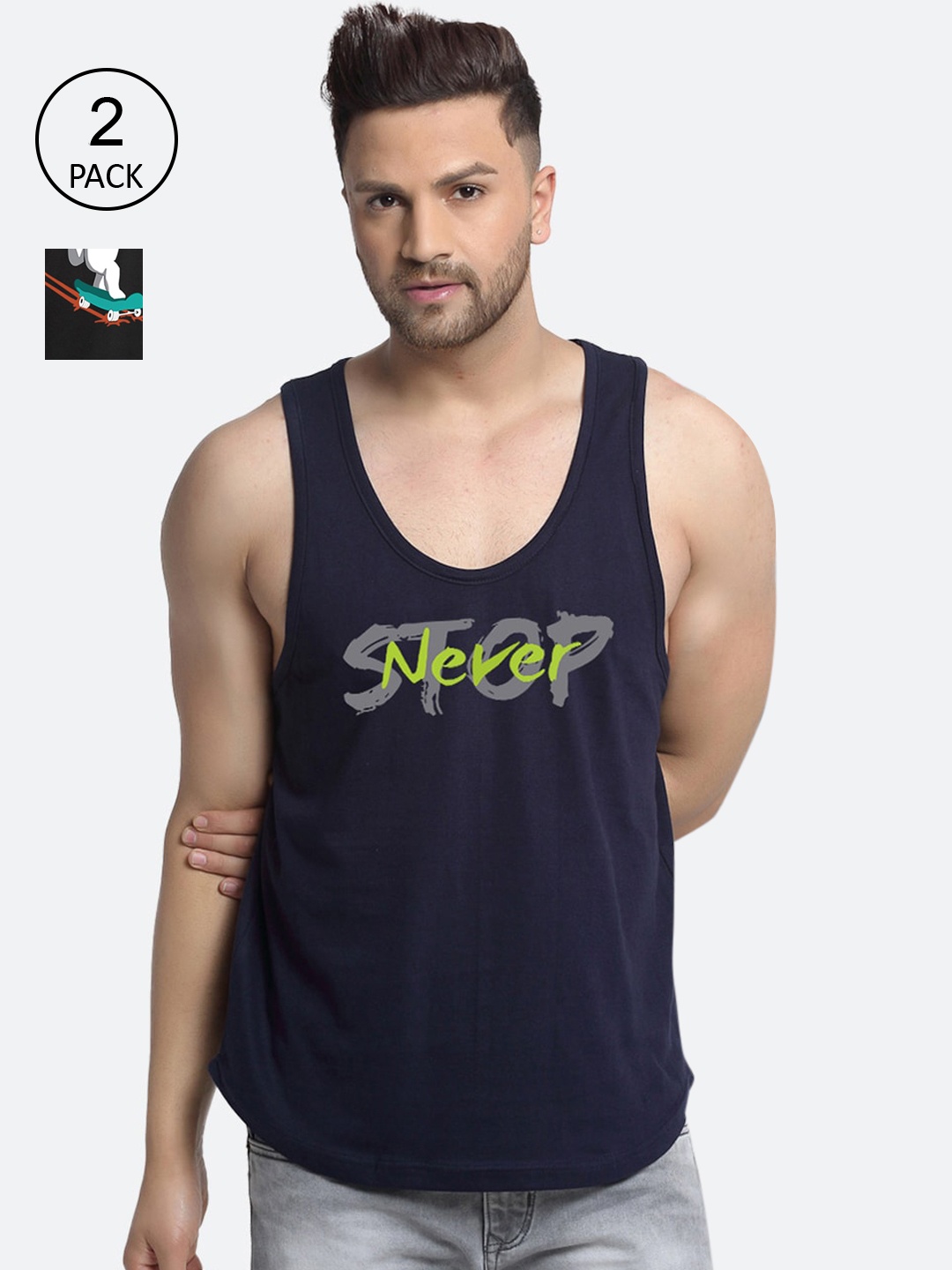 

Friskers Men Pack Of 2 Printed Cotton Innerwear Vests, Navy blue