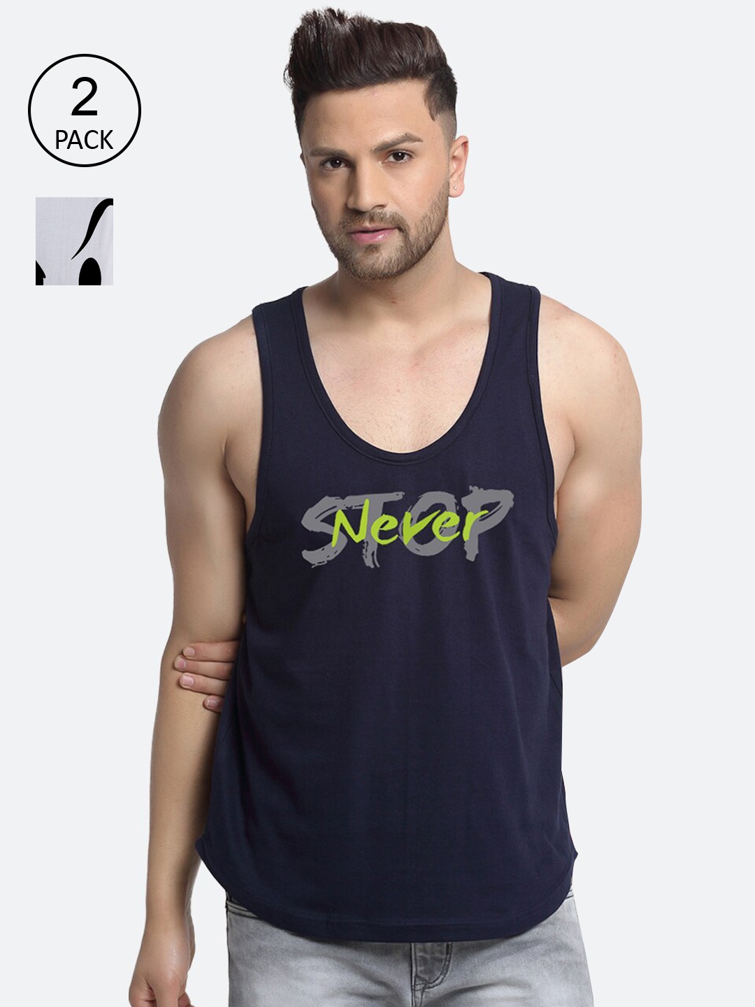 

Friskers Men Pack Of 2 Printed Pure Cotton Gym Vests, Navy blue