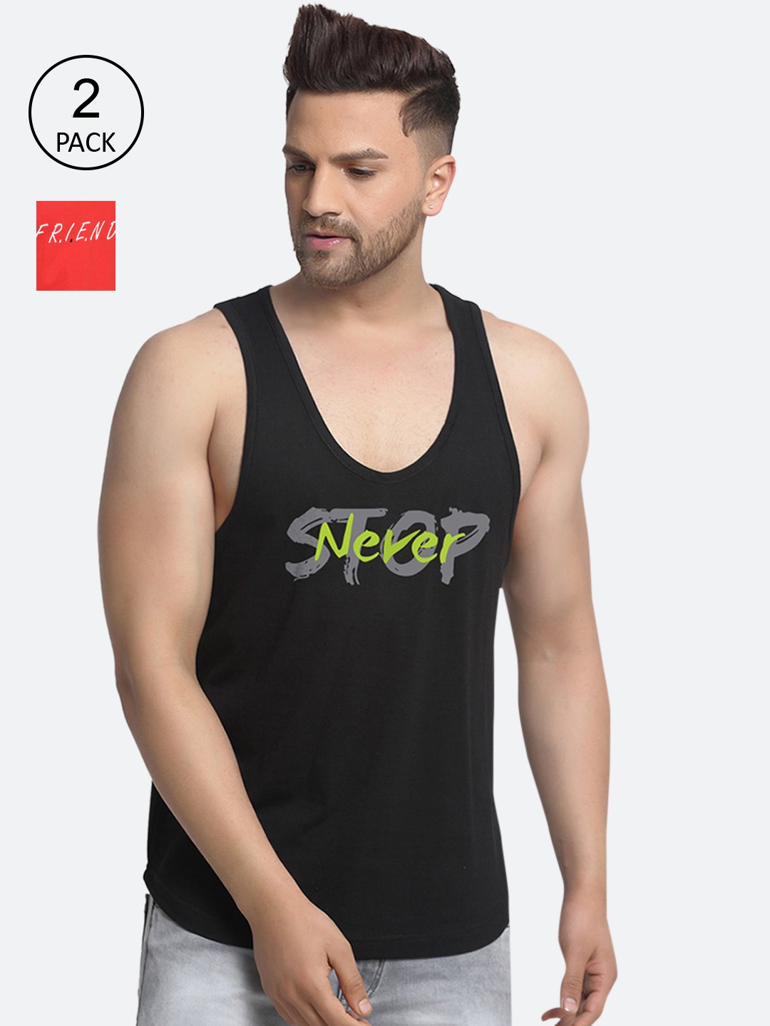 

Friskers Men Pack Of 2 Printed Cotton Gym Innerwear Vests, Black