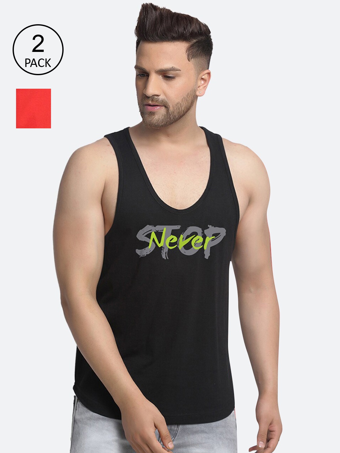 

Friskers Men Pack Of 2 Printed Pure Cotton Gym Vests, Black