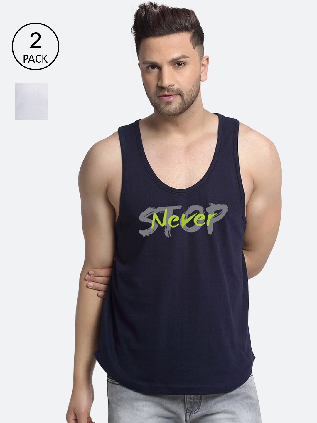 

Friskers Men Pack Of 2 Printed Gym Vests, Navy blue