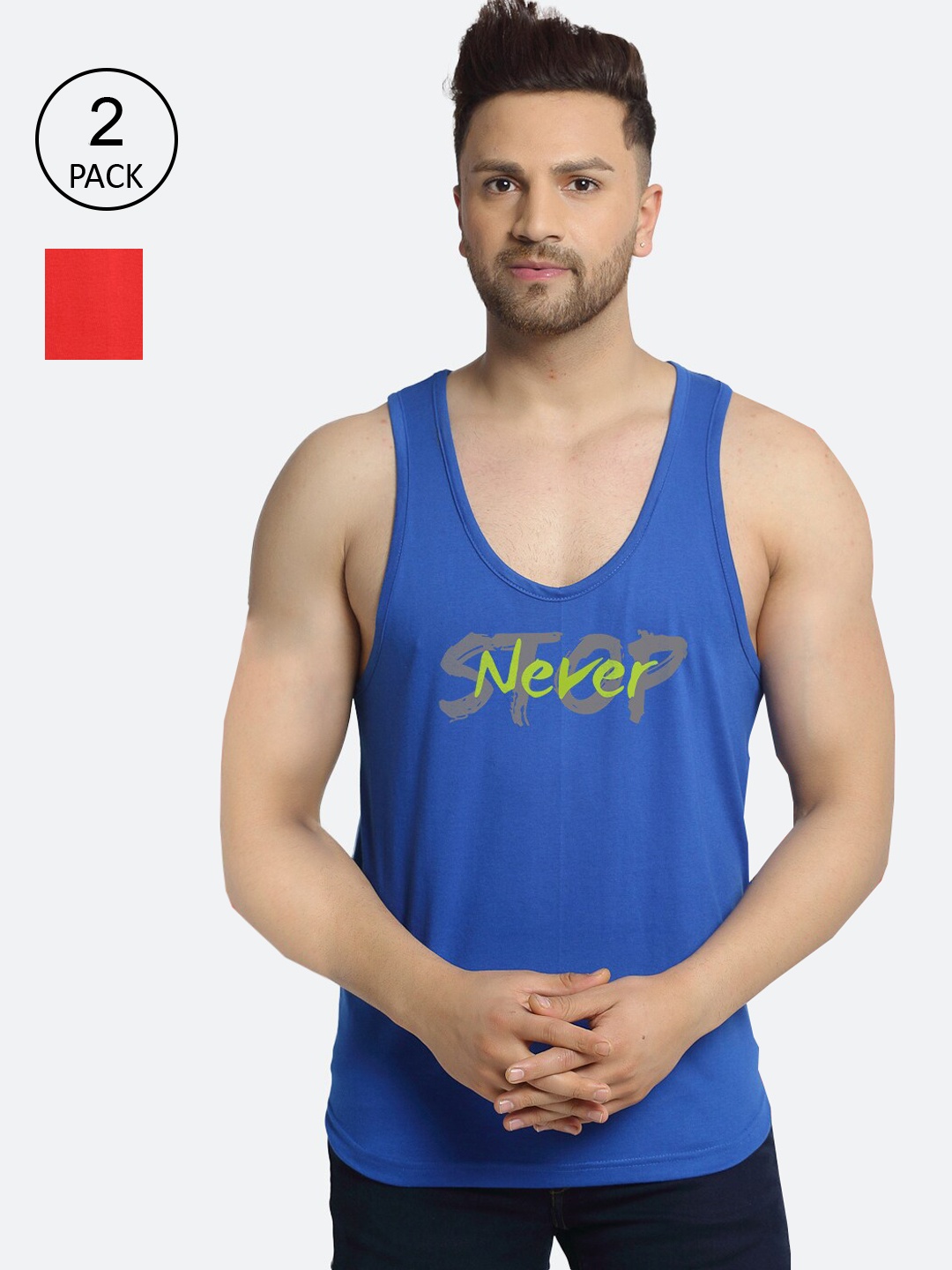 

Friskers Men Pack Of 2 Printed Pure Cotton Innerwear Gym Vests, Blue