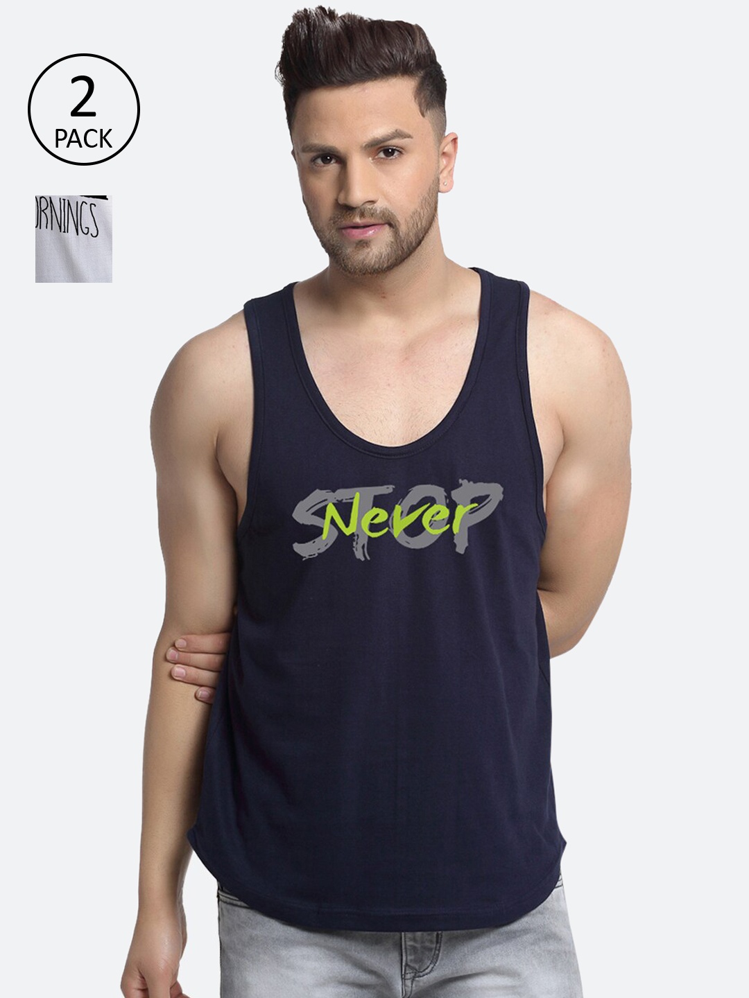 

Friskers Men Pack of 2 Navy Blue & White Printed Pure Cotton Innerwear Vest