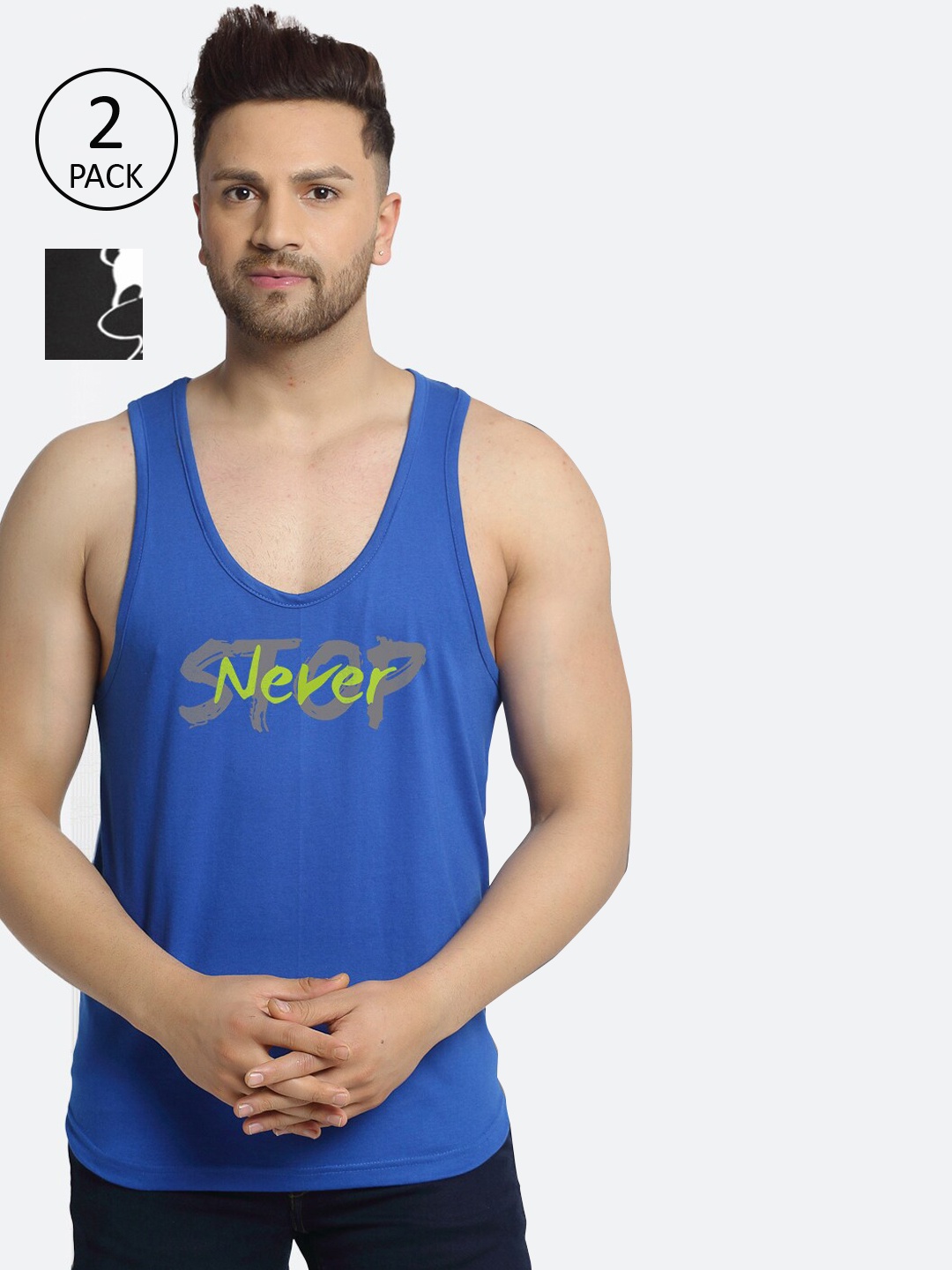 

Friskers Men Pack of 2 Black & Blue Printed Cotton Innerwear Vests