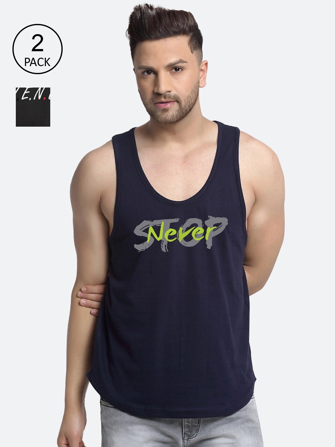 

Friskers Men Pack Of 2 Printed Pure Cotton Innerwear Gym Vests, Navy blue