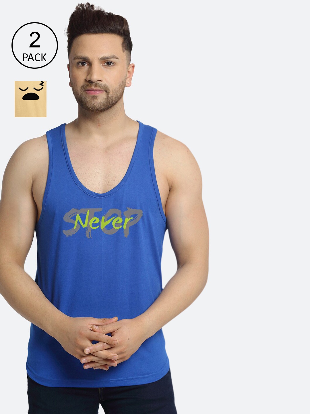 

Friskers Men Pack Of 2 Printed Cotton Gym Innerwear Vests, Blue