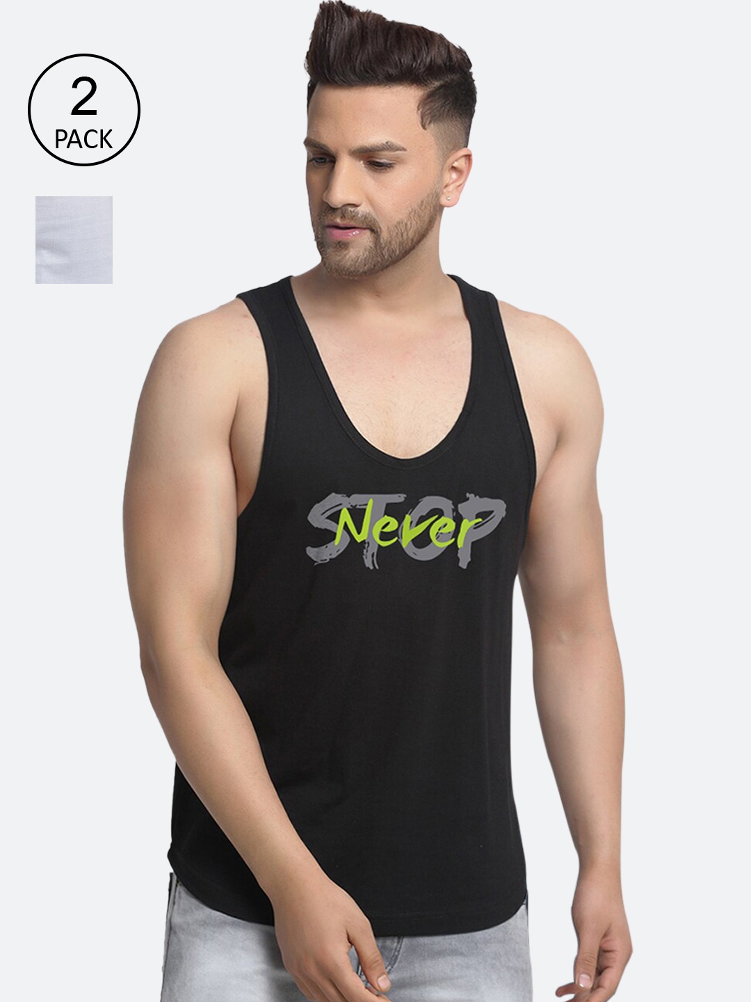 

Friskers Men Pack Of 2 Printed Cotton Gym Innerwear Vests, Black