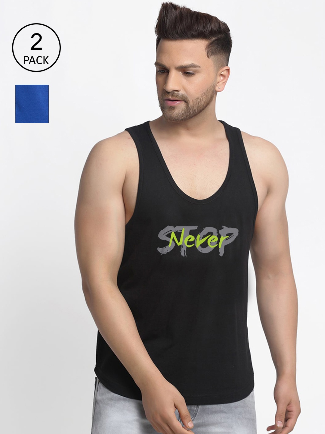 

Friskers Men Pack of 2 Black & Blue Printed Innerwear Gym Vests