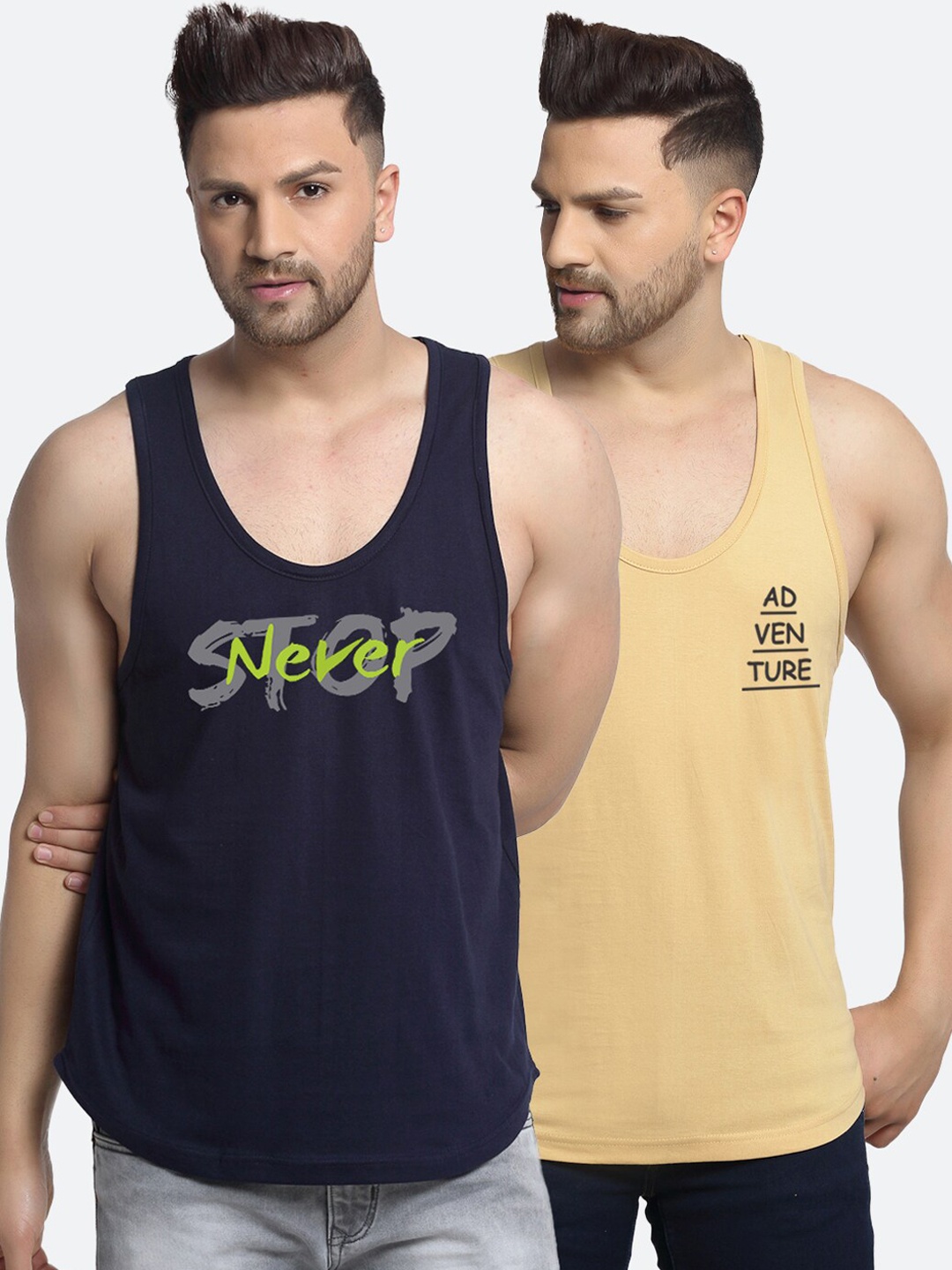 

Friskers Men Pack Of 2 Printed Pure Cotton Innerwear Gym Vests, Navy blue