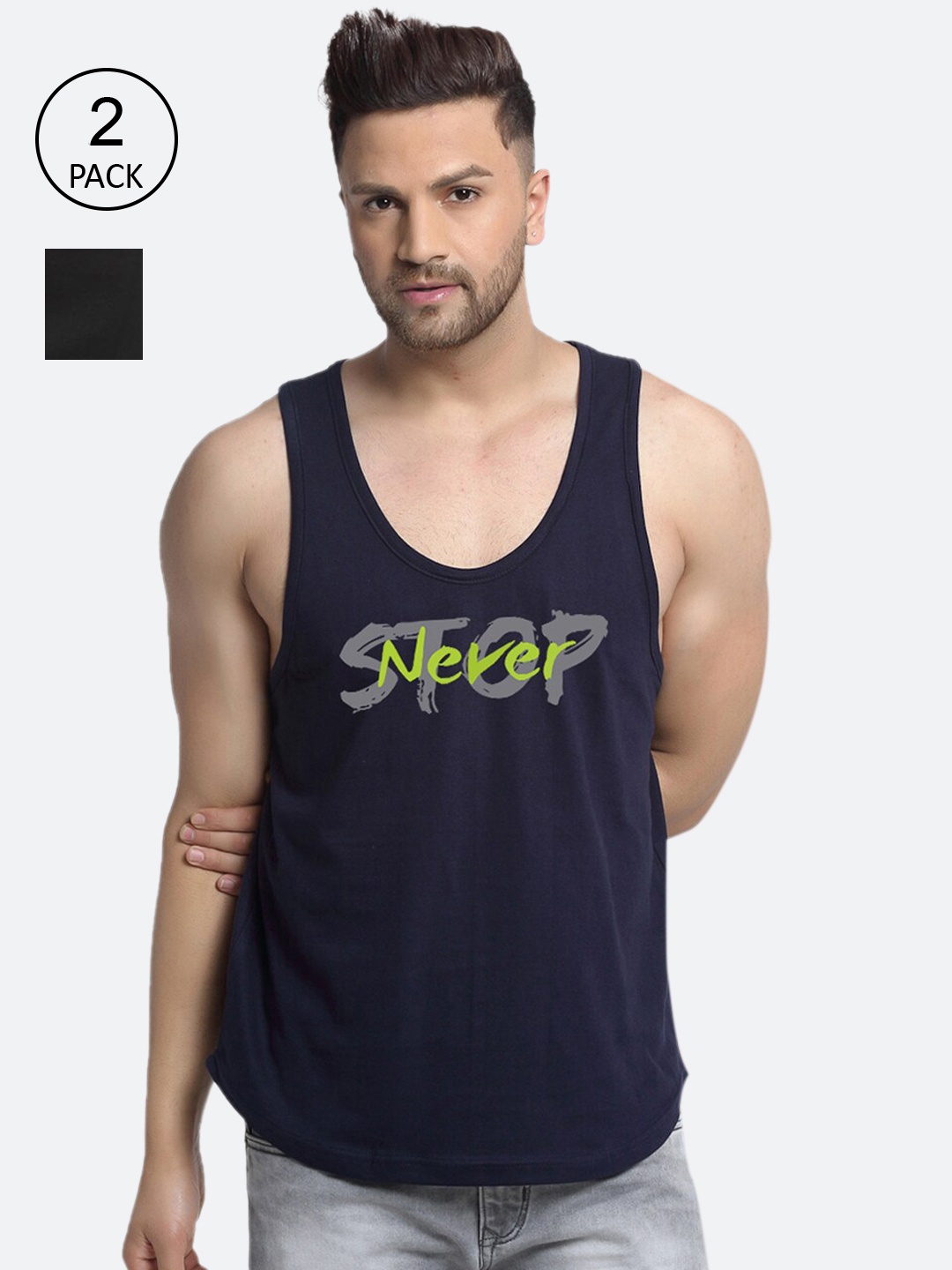 

Friskers Men Pack of 2 Navy Blue & Black Printed Pure Cotton Innerwear Vest