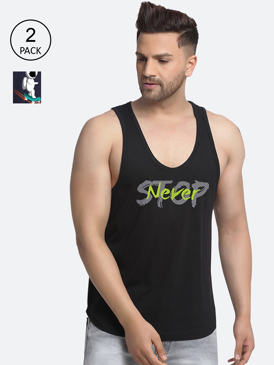 

Friskers Men Pack Of 2 Printed Cotton Gym Innerwear Vests, Black