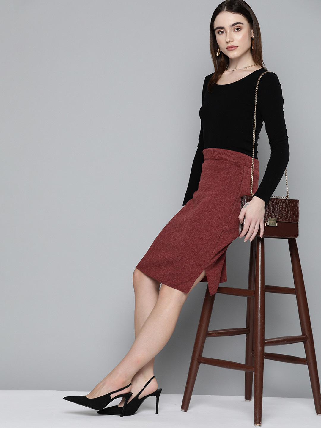 

Chemistry Rust Red Solid Knitted Pencil Winter Skirts